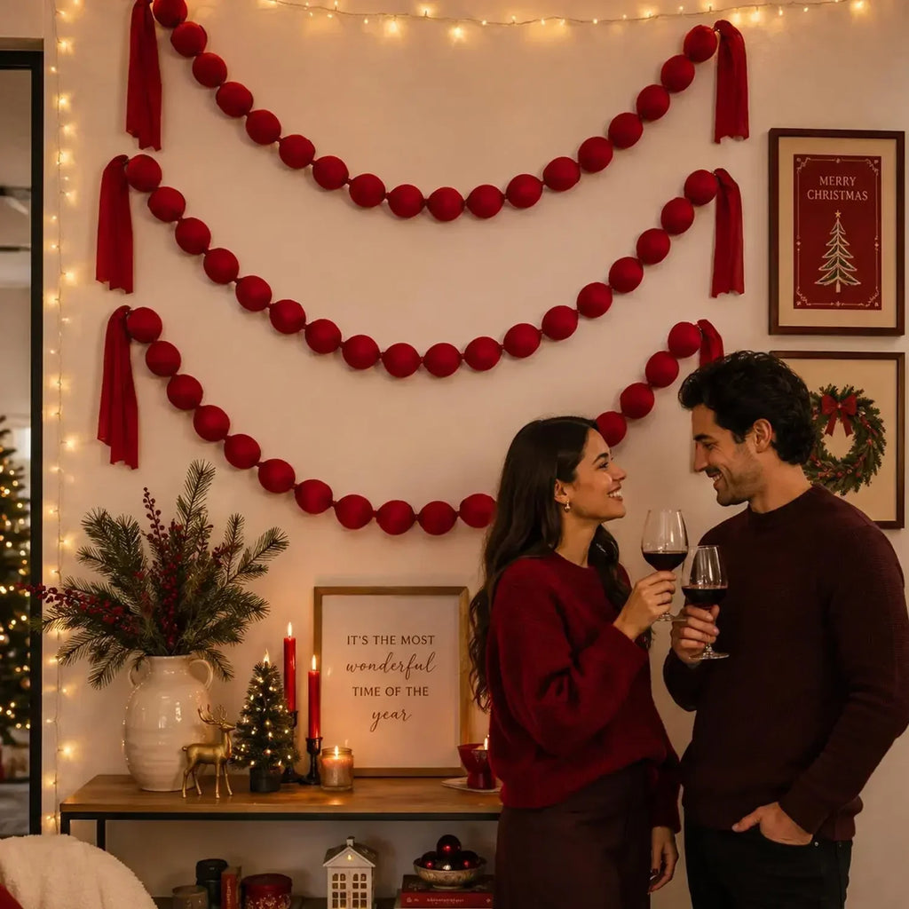 Guirlanda de bolas de Natal para pendurar, bolas de tecido vermelho, cordão para decoração de árvore de Natal, decoração para pendurar na janela, bolas de tecido macio e suave, artigos para festas.