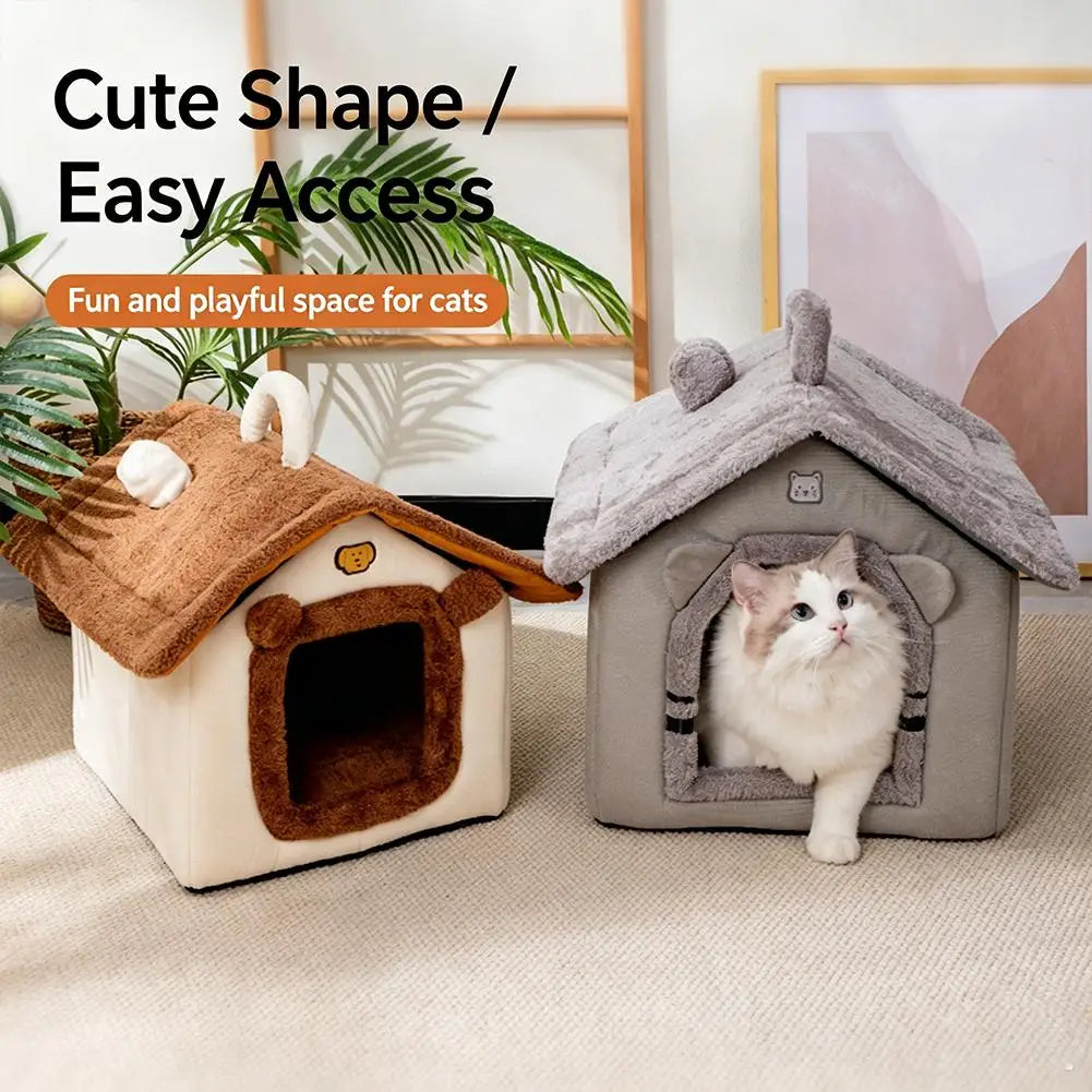 Cama para Pets Estilo Casa Fofa para Cães e Gatos Pequenos, Quente para o Inverno, Removível e Lavável, Casinha Fechada de Pelúcia, Vila para Gatos, Caverna