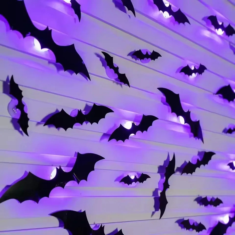 Luz Noturna LED Halloween Morcego Estéreo 3D Adesivo de Parede Material PET Enfeite Festivo para Celebrações Reuniões Residência Ornamento Luminoso Decorativo Ambiente Interior