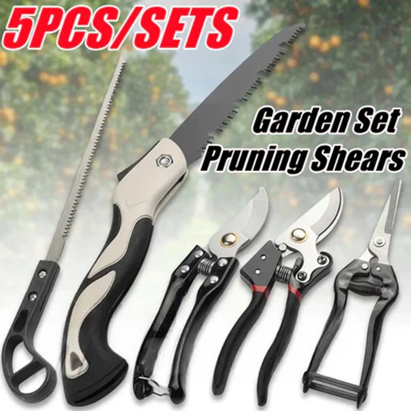 Conjunto de ferramentas de jardinagem multiuso com 5 peças; Tesouras de poda, Sawi dobráveis, tesouras para plantas