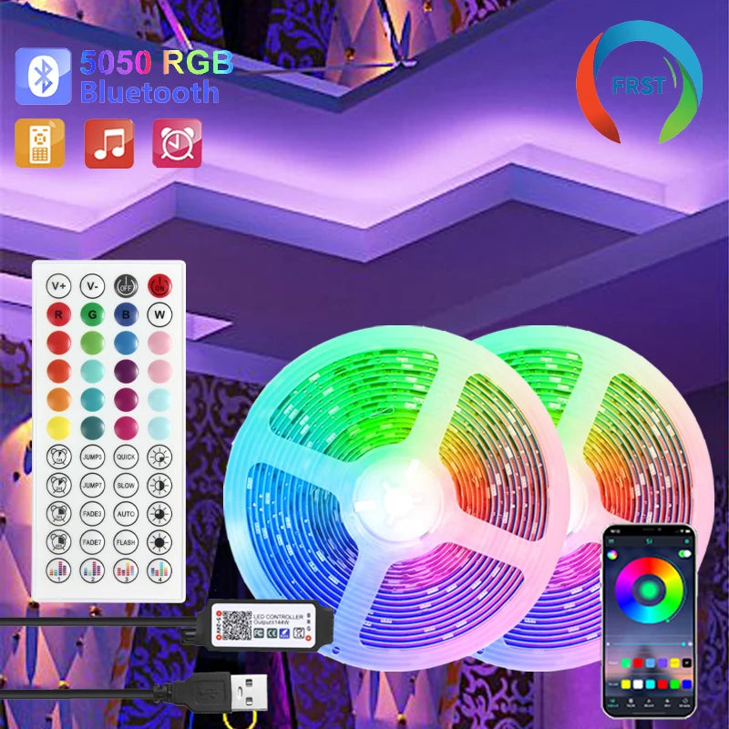 Fita LED RGB 5050 Colorida com Bluetooth para Decoração de Ambientes, 10m 15m 20m 30m, Iluminação LED Neon para PC e TV, Fita LED