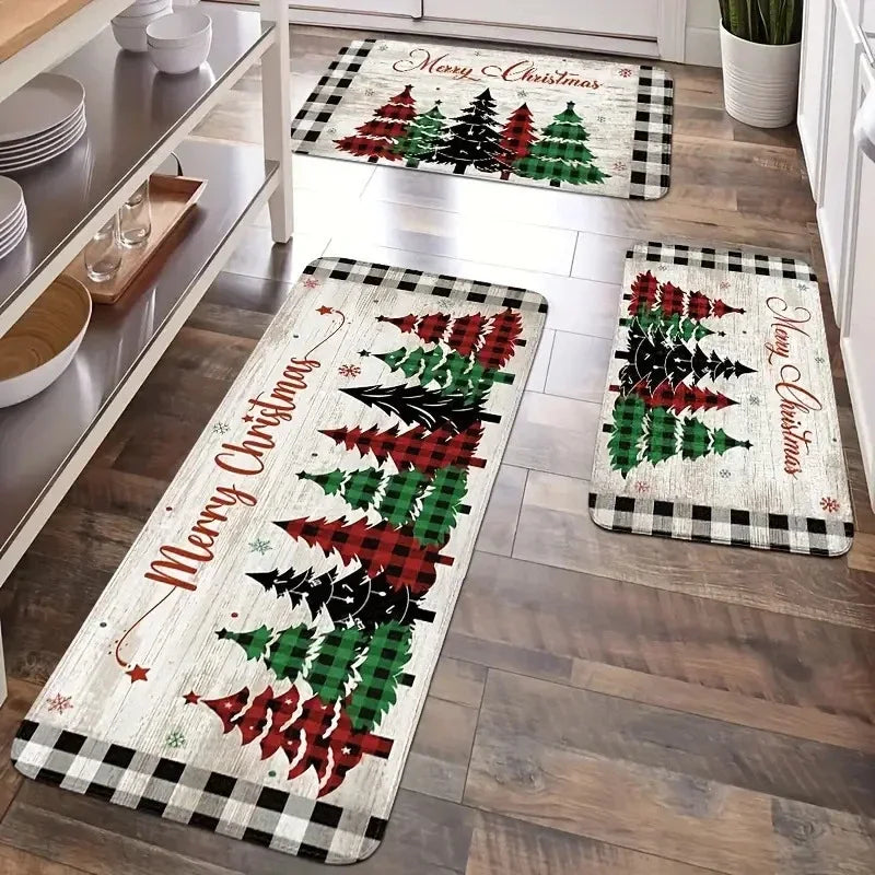 Tapete de chão vermelho com tema de árvore de Natal, para cozinha e casa, antiderrapante, decoração de Natal para casa, Feliz Ano Novo 2026.