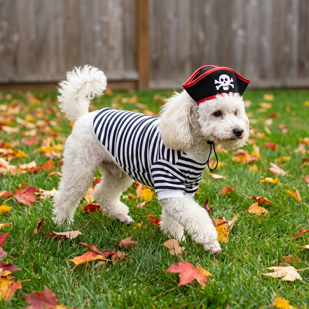 Conjunto de Fantasia de Pirata para Animais de Estimação com Chapéu de Caveira, Camiseta Listrada Preta e Branca para Cães e Gatos, Roupa de Cosplay Assustadora para Festas