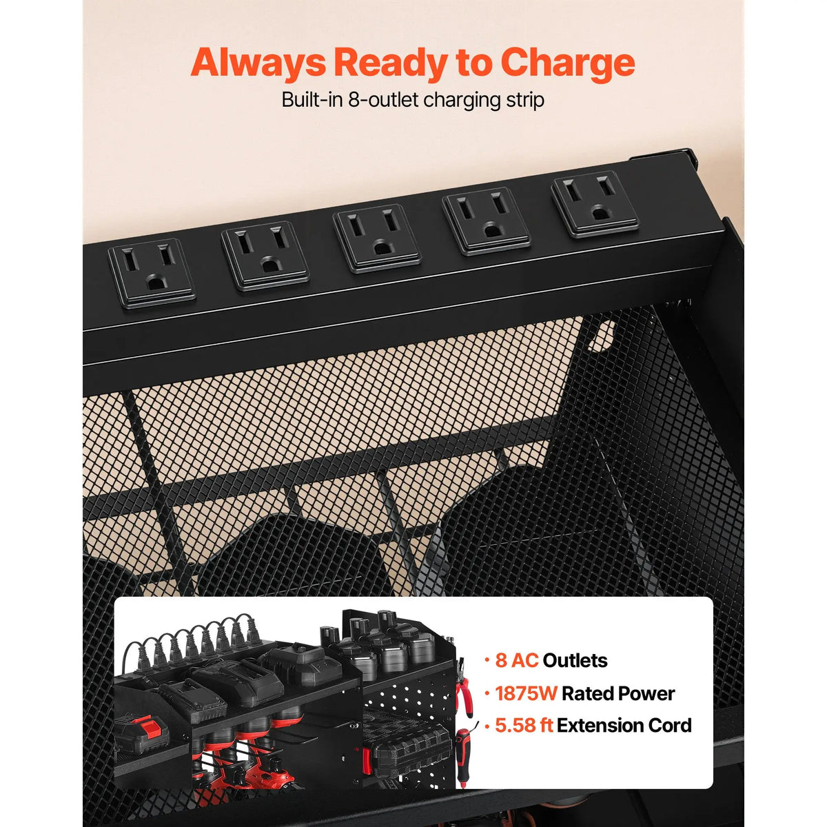 "Wall-mounted 3-layer Power Tool Charging Station with 5.58 ft Power Strip & 8 Drill Holders"