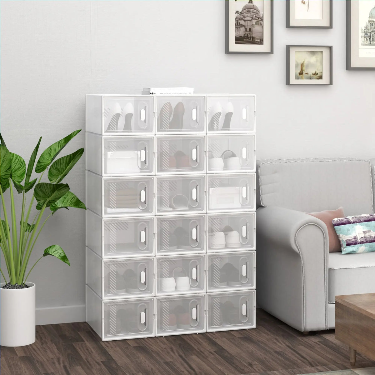 WOLTU 8/12/18PCS Caixas de sapato empilháveis Modular DIY Sapateira Cubos de sapato dobráveis de plástico transparente para corredor sala de estar
