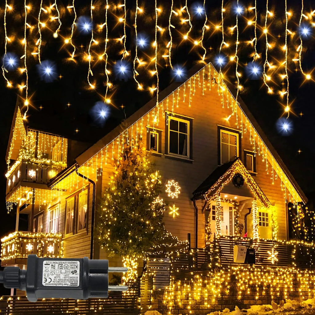 Decorações de Natal 2026: Guirlanda de Estrelas 4M (L) x 0.4/0.5/0.6M (A) com Luzes Piscantes (Branco Quente + Branco Frio) 8 Modos LED Festoon
