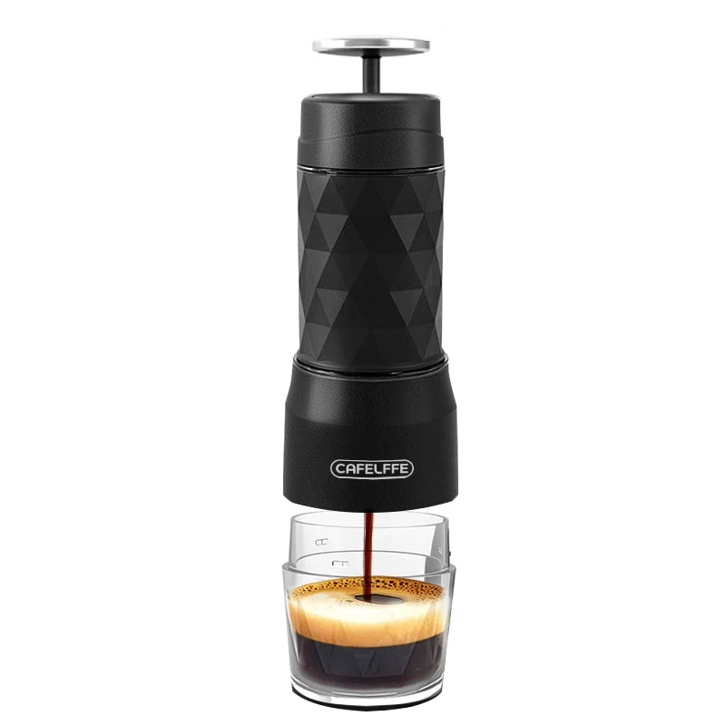 Máquina de Café Portátil Cafelffe 3 em 1, Cafeteira Manual para Cápsulas e Café Moído, Espumador de Leite, Preparador Manual para Viagens e Presentes