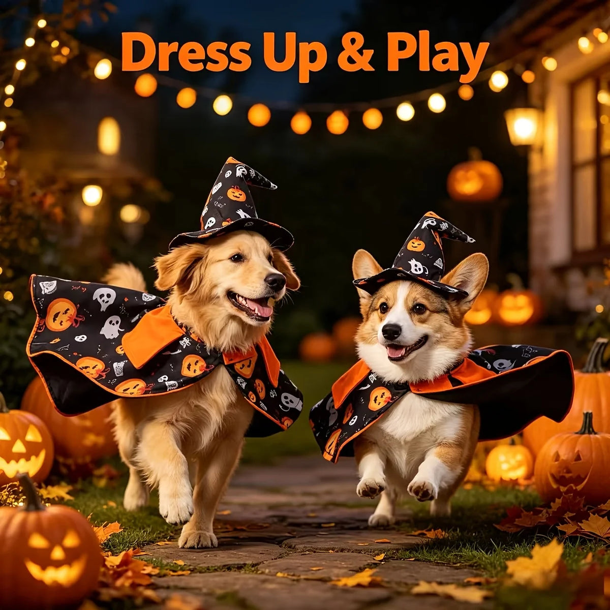 Fantasia de Halloween para Gatos: Conjunto de Capa de Abóbora e Chapéu de Mago com Estampa Divertida de Mago para Ambiente Festivo, Festa e Fotografia