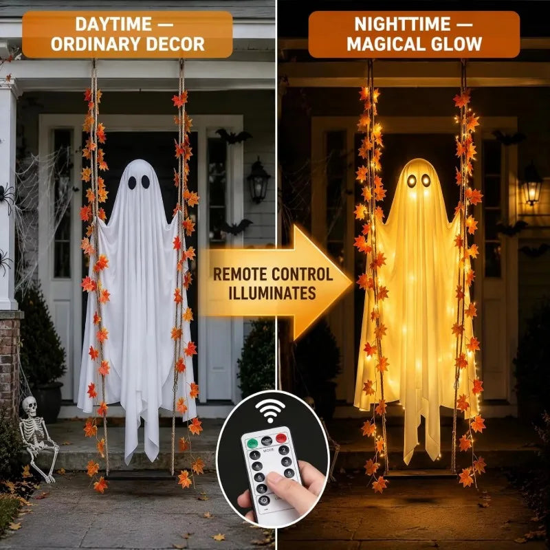 Decorações de Halloween para Exterior, Fantasmas Luminosos Pendurados com Luzes de Cordão, Ornamento de Fantasma Brilhante para Jardim