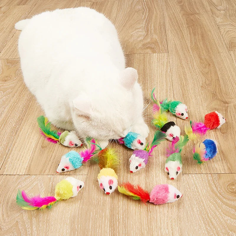 5 ou 10 Peças Brinquedos de Pelúcia para Gatos, Rato Falso de Pelo de Coelho, Rato de Pena Arco-Íris, Brinquedos Divertidos para Gatinhos de Interior, Novo