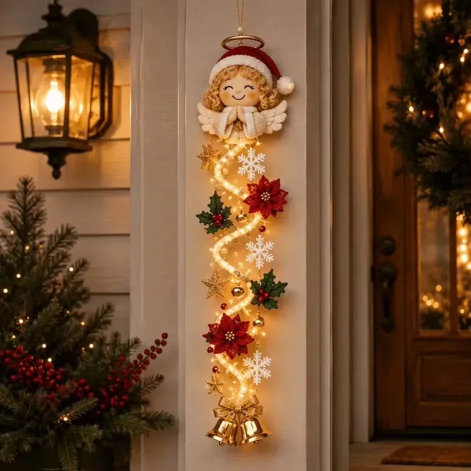Decoração de Natal, enfeite de porta de Natal com luzes LED, Papai Noel de crochê feito à mão, enfeite de árvore de Natal, sino, decoração para casa, parede, porta, decoração de Ano Novo.