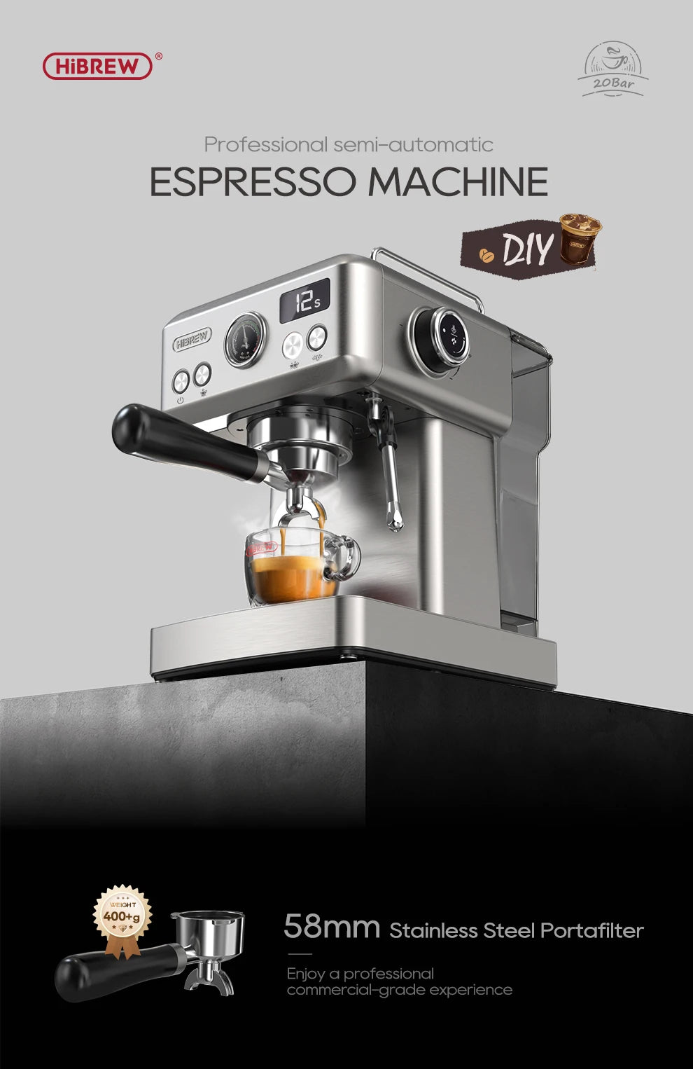 Hibrew 20bar semiautomática máquina de café expresso temperatura ajustável 58mm portátil frio/quente cafeteira metal caseh10a