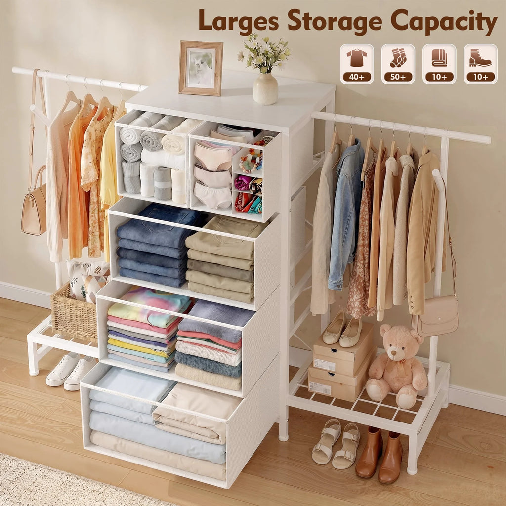 Cômoda e Cabideiro 3 em 1 – 147 cm de Largura com 5 Gavetas e Sapateira, Ganchos Laterais para Armazenamento no Quarto e Closet