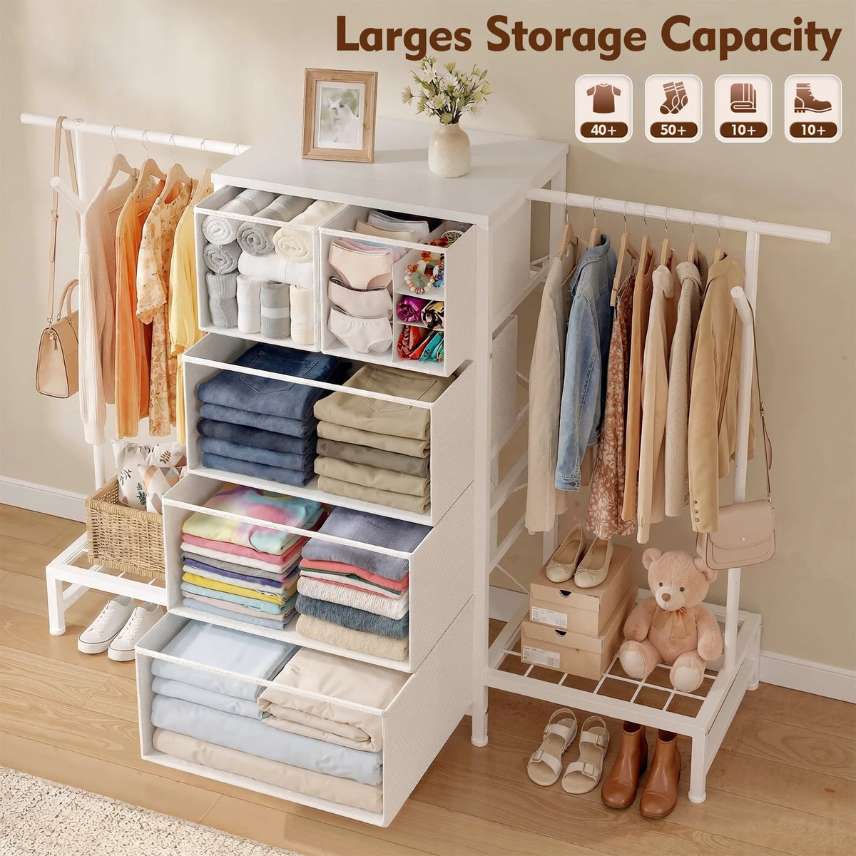 Cômoda e Cabideiro 3 em 1 – 147 cm de Largura com 5 Gavetas e Sapateira, Ganchos Laterais para Armazenamento no Quarto e Closet