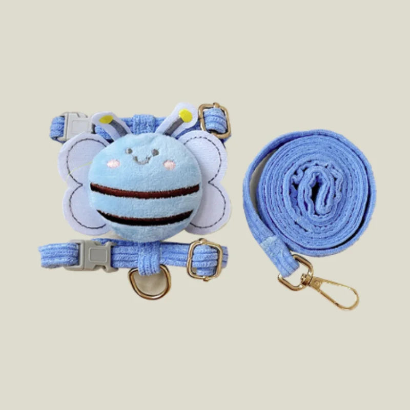 Conjunto de Coleira e Guia para Gatos e Cães, Ajustável, com Estampa de Abelha em Desenho Animado, Coleira Dupla Camada para Animais de Estimação Pequenos e Médios, para Passeios ao Ar Livre