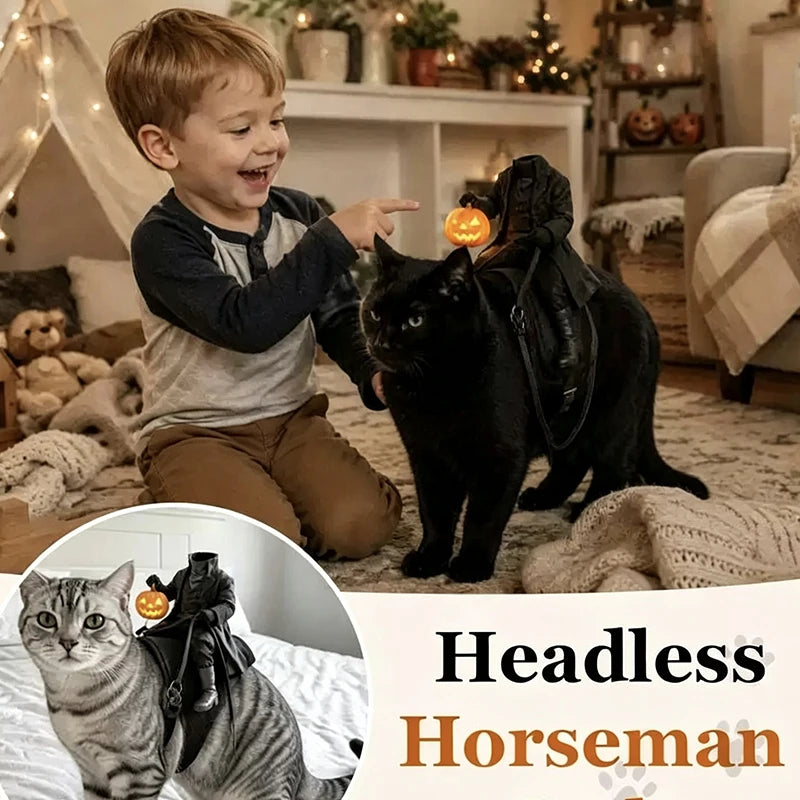 Fantasia de Gato Cavaleiro Sem Cabeça para Festa de Halloween, Ilusão 3D Assustadora de Cavalo, Fantasias de Cavaleiro Sem Cabeça para Animais de Estimação, Cosplay de Cavaleiro das Trevas