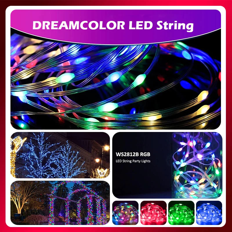 Árvore de Natal ao ar livre e interior String Lights, impermeável Bluetooth Fairy LED String Lights, IP65, WS2812B, 100LED, 10m