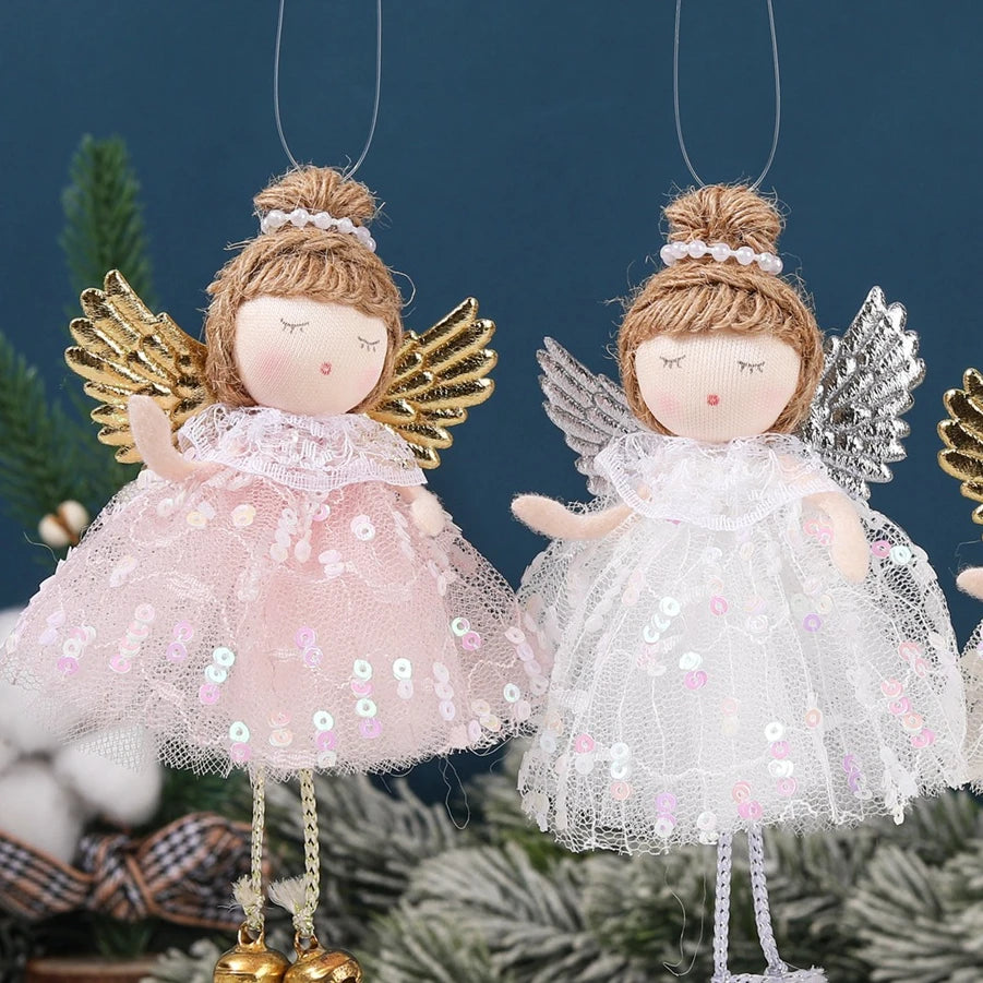 Natal Pendurado Malha Sequin Saia, Anjo Xmas Árvore Pingente Enfeites, Decoração de Casa, Noel, Presentes, 2022