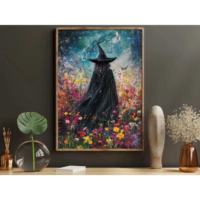Pôster de Decoração de Parede de Halloween: Bruxa Sombria no Bosque com Flores - Impressão em Tela Sem Moldura para Decoração Festiva de Casa - Kasa & Pet