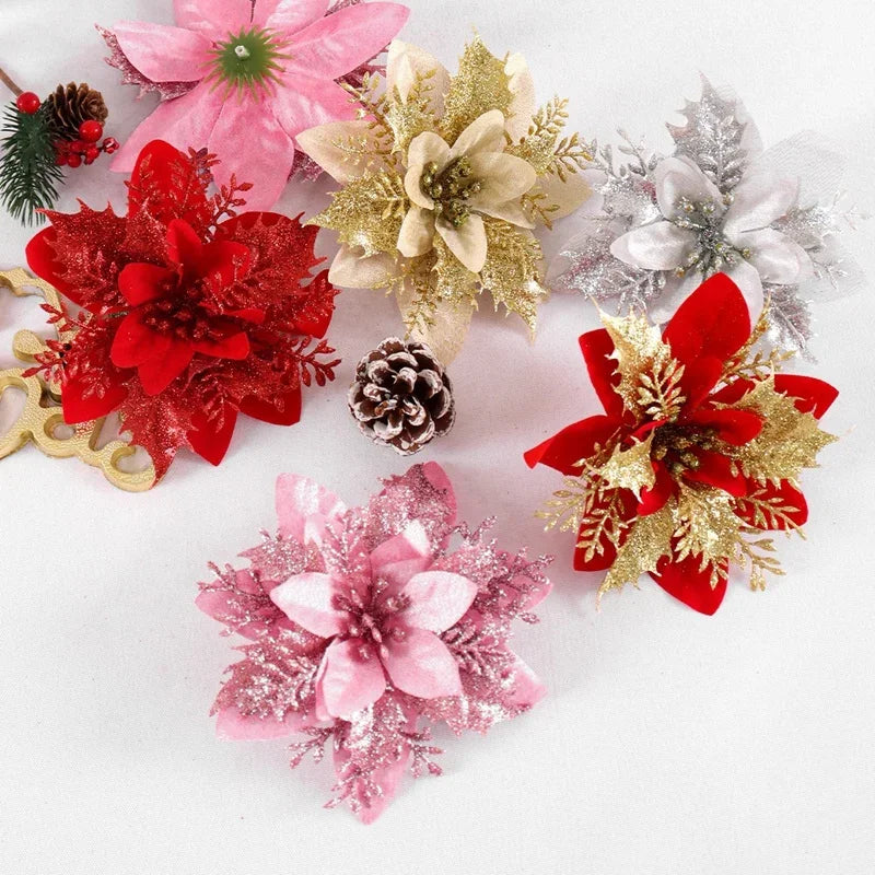 Natal glitter flores artificiais árvore de natal pendurado ornamentos flor falsa para casa 2025 natal ano novo 2026 navidad presente