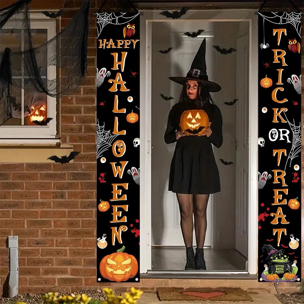 Banner de Halloween com Estampa de Abóbora, Teia de Aranha e Esqueleto, Decoração Assustadora para Pendurar na Porta da Frente ou na Parede, Ornamento de Terror, Artigos para Festa de Halloween
