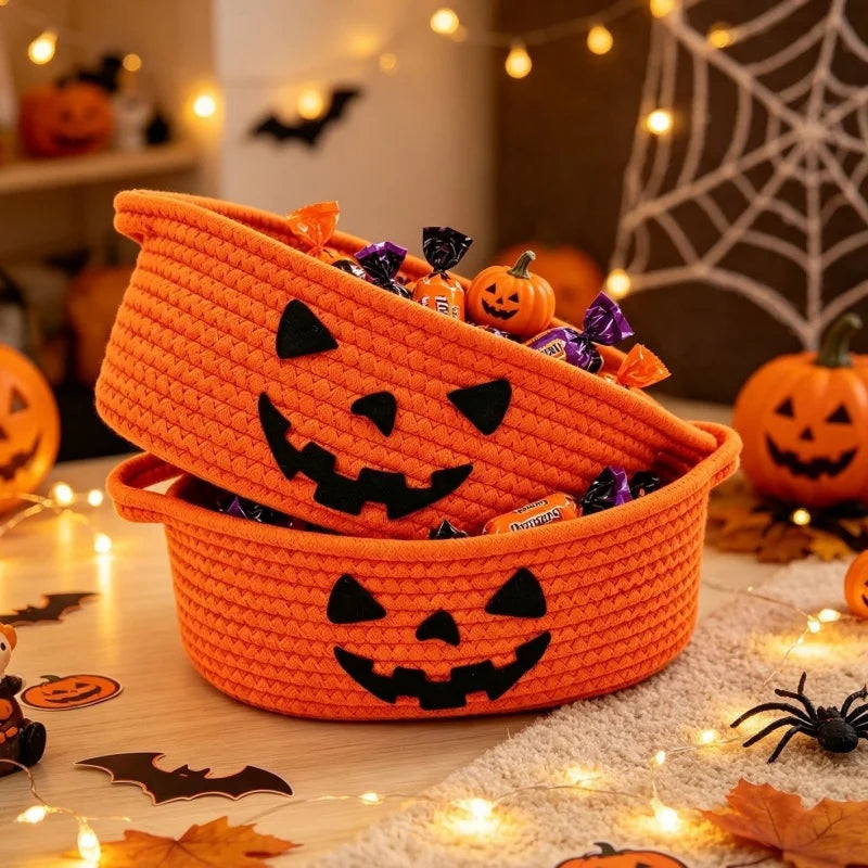 Cesta de Armazenamento de Corda de Algodão para Decoração de Festa de Halloween, Cesta de Armazenamento de Abóbora, Caixa de Armazenamento de Doces e Petiscos, Presentes Decorativos Diários