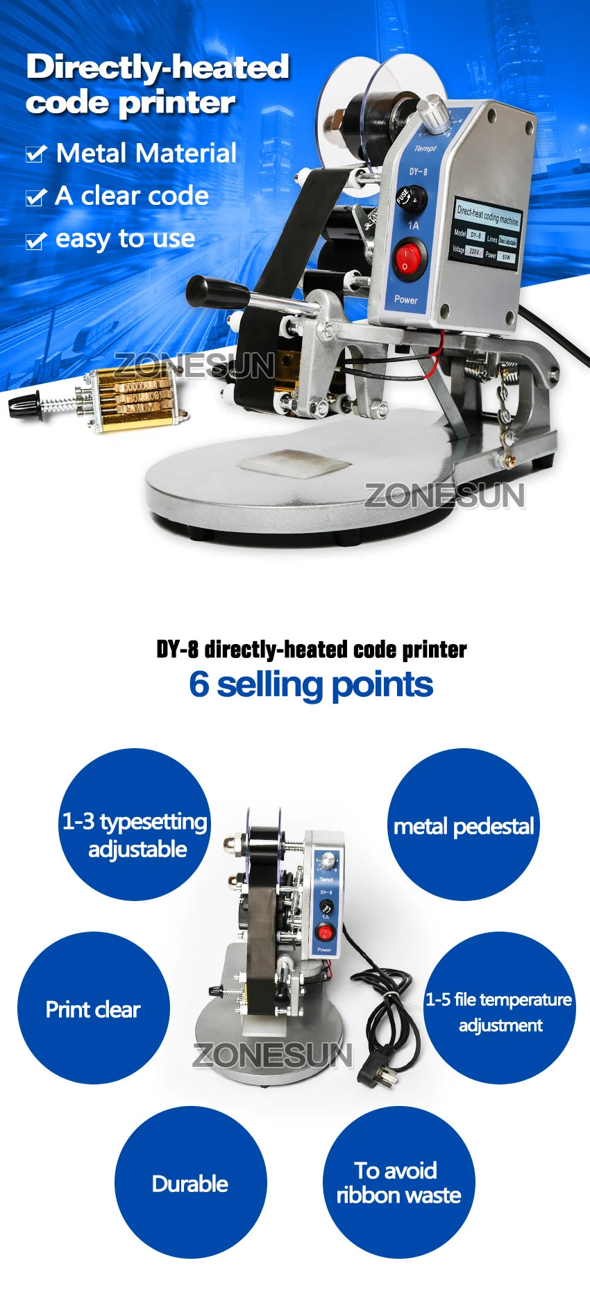 Impressora Manual de Código de Data ZONESUN ZS-DY8 – Máquina de Codificação de Lote, Validade e Data de Produção com Fita de Caracteres A-Z