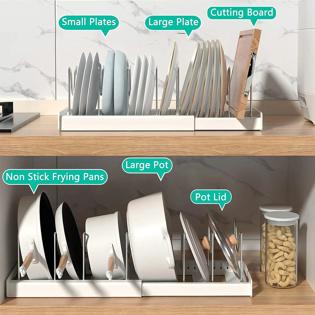 Organizador de Utensílios de Cozinha Expansível com 7 Compartimentos Ajustáveis, Suporte para Panelas, Organizador de Armário