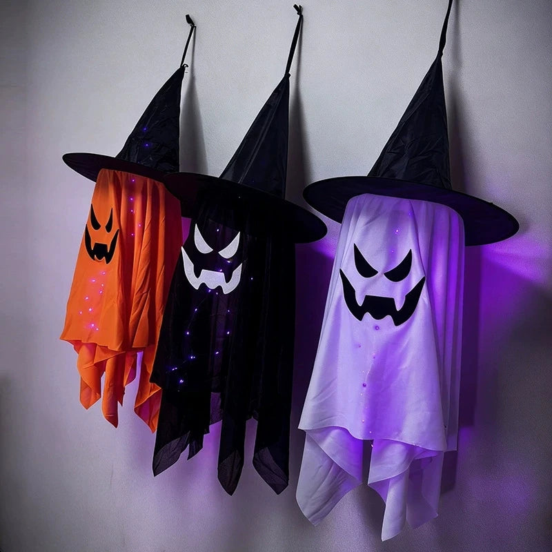 Chapéu de Bruxa LED Brilhante para Halloween, Pendentes de Fantasma, Ornamento Iluminado para Pendurar, Decoração de Porta Externa para Festa de Feriado e Cenário de Jardim