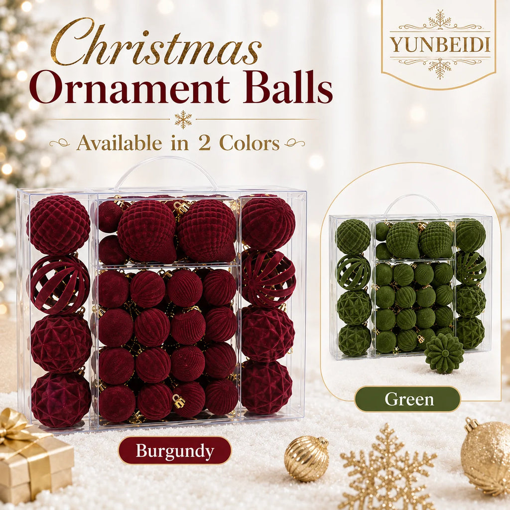 Conjunto de Bolas de Natal de Veludo 48 Peças, Enfeites Plásticos Flocados para Decoração de Árvore de Natal DIY, Decoração Suspensa para Festas e Casa
