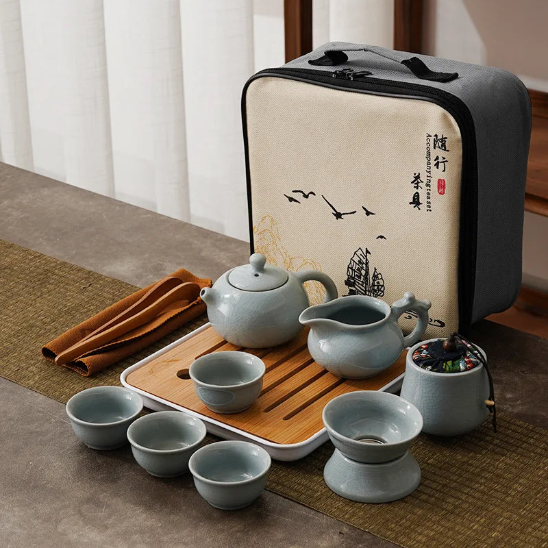 Viagem portátil cerâmica chinesa kung fu conjunto de chá bandeja de chá conjunto completo de armazenamento bule chá chá conjunto aniversário presente