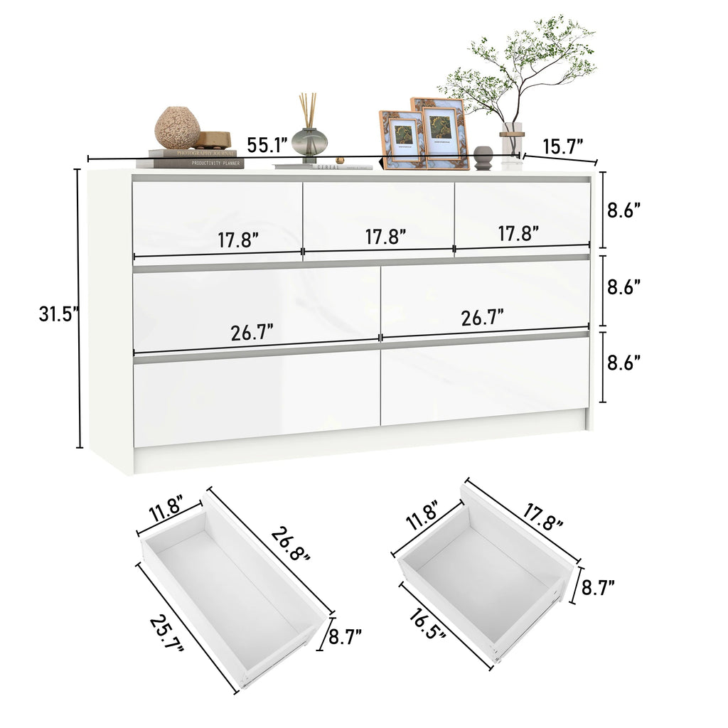 Armário de 7 gavetas com gavetas de alto brilho, grande peito de madeira, branco e preto, 55 "cômoda moderna para o quarto