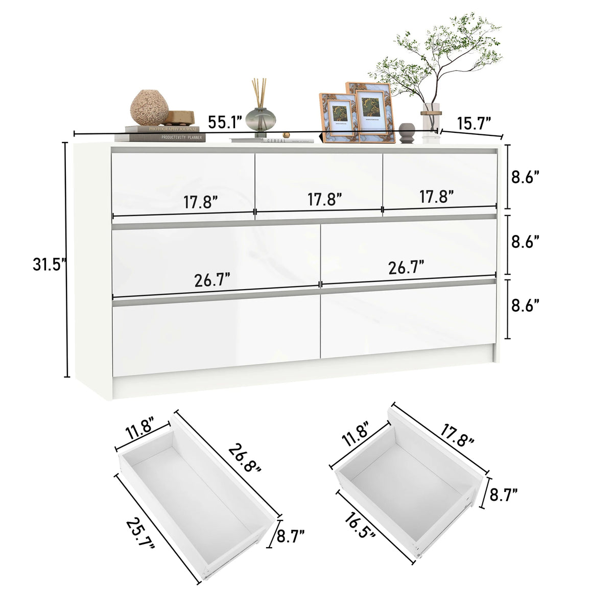 Armário de 7 gavetas com gavetas de alto brilho, grande peito de madeira, branco e preto, 55 "cômoda moderna para o quarto