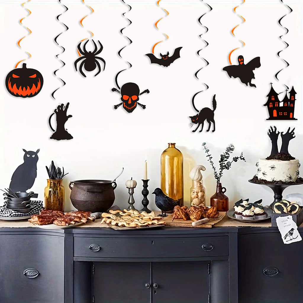 Decorações de Halloween para Pendurar, Enfeites de Teto com Abóbora, Aranha, Morcego, Caveira, Fantasma e Gato Preto, Decoração de Festa