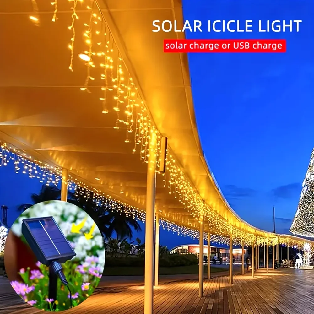Luzes de Natal Solares em Forma de Gelo 98/162LED com 8 Modos de Iluminação para Jardim, Pátio, Casamento, Festa, Gazebo, Decoração de Natal IP65