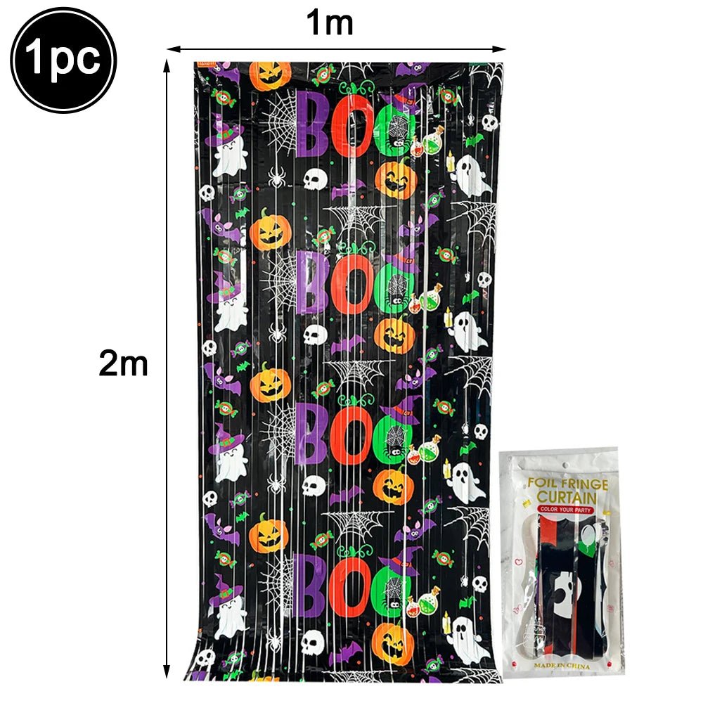 Cortina de Franjas Metalizadas de Halloween, Guirlanda de Enfeites, Painel de Fundo para Fotos com Estampas de Abóbora, Fantasma, Morcego e Boo, Decorações Suspensas para Portas e Paredes de Festa de Halloween - Kasa & Pet