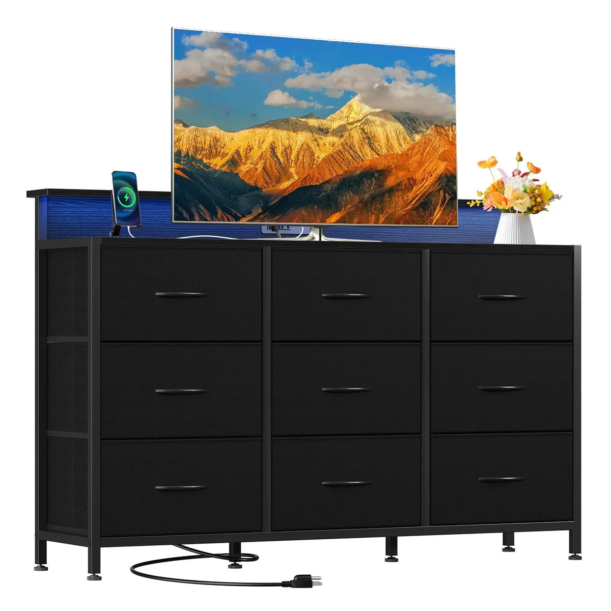 JHK Suporte de TV cômoda com 9 gavetas de tecido Console de mídia superior de madeira para suporte de TV de 32-52 polegadas com exibição de armazenamento de móveis