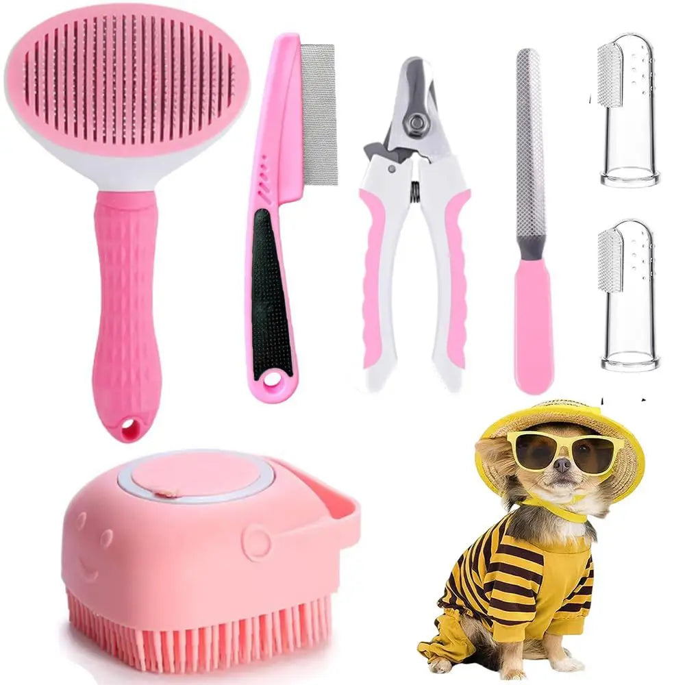 Kit de Beleza para Gatos com 8 Peças: Escova, Cortador de Unhas e Lixas, Kit de Higiene para Animais de Estimação, Pente Antipulgas