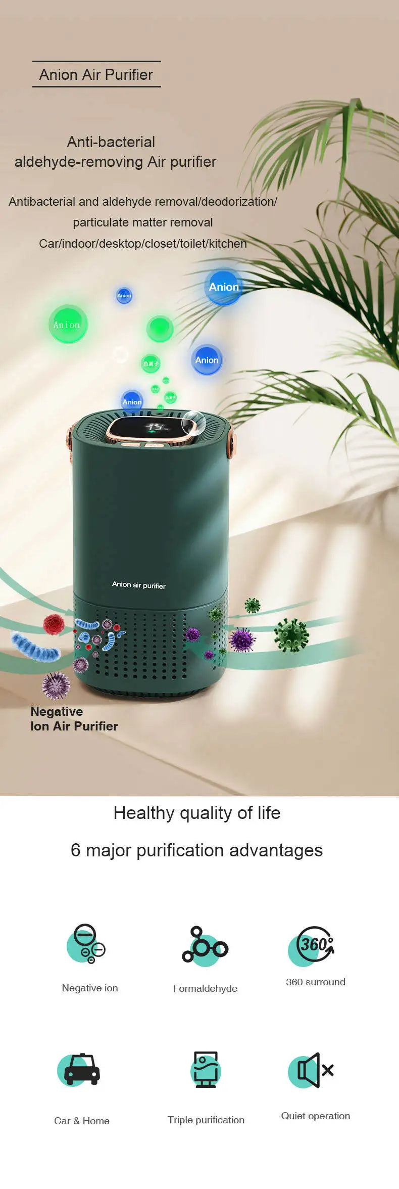 Purificador de Ar Xiaomi Mijia Ionizador Gerador de Íons Negativos Remoção de Odor de Fumaça de Cigarro Filtro HEPA PM 2.5 Purificador de Ar