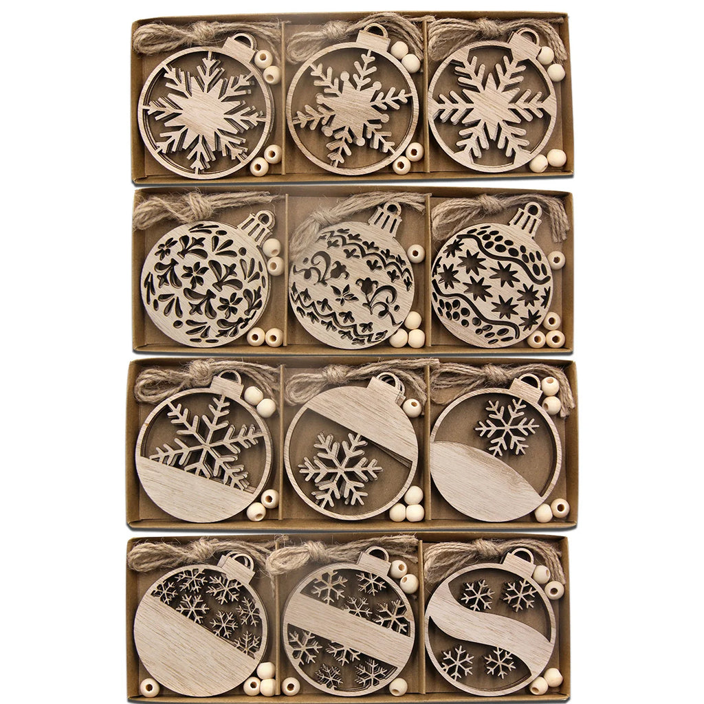 12 pçs/caixa bola de madeira pingente oco natal floco de neve pendurado ornamentos para decorações da árvore noel diy presentes embrulho suprimentos