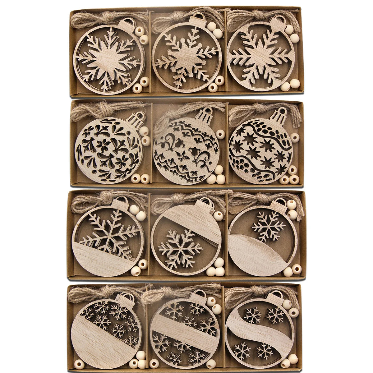 12 pçs/caixa bola de madeira pingente oco natal floco de neve pendurado ornamentos para decorações da árvore noel diy presentes embrulho suprimentos
