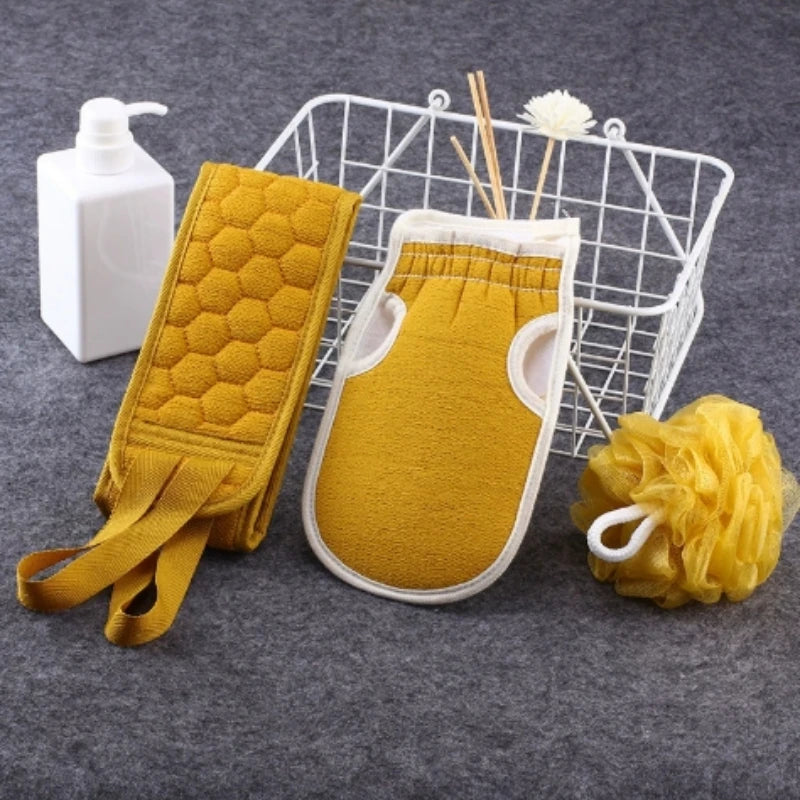 Conjunto de três peças de toalha de banho, conjunto de combinação de bola de banho de limpeza de lama espessada, toalha traseira longa com tira retrátil