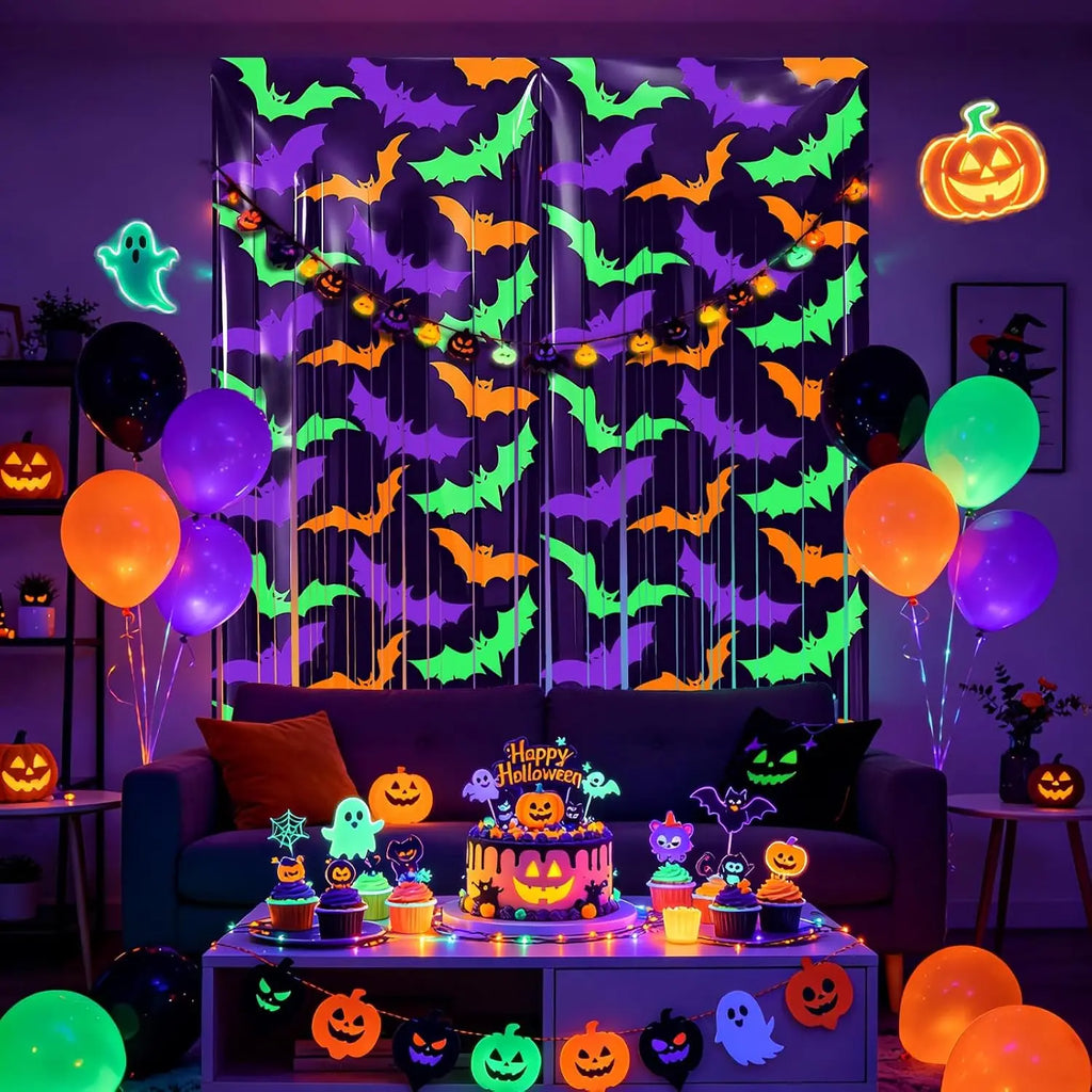 Cortina de Franjas de Folha Metálica Fluorescente de Morcegos para Festa de Halloween, Cenário de Tinsel Metálico com Glitter para Decoração de Fundo de Aniversário e Adereços Fotográficos
