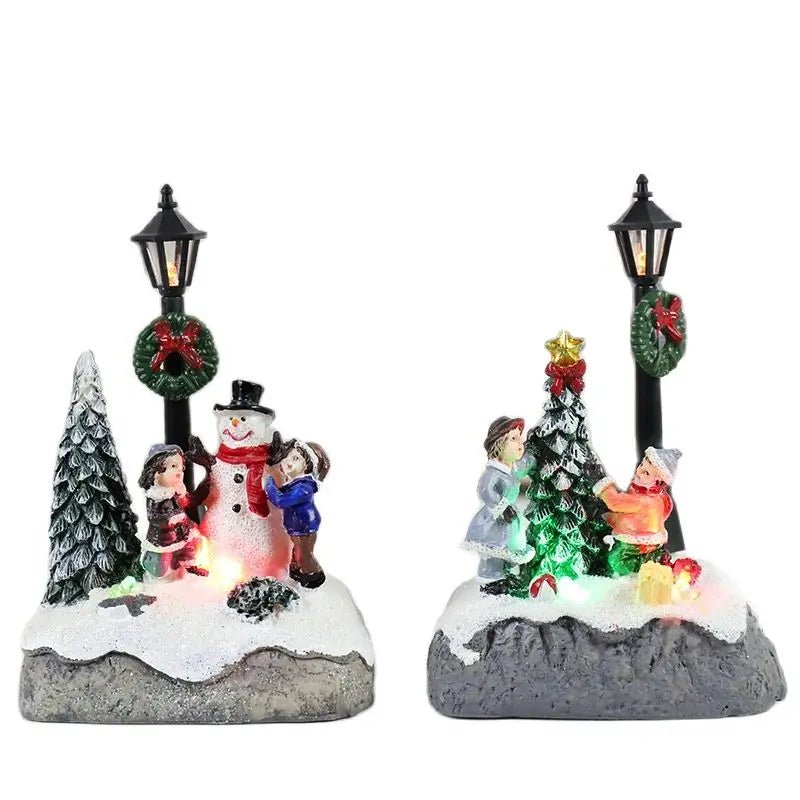 Natal aldeia cena árvore boneco de neve resina ornamento com luzes led animado lâmpada rua estátuas estatueta férias decoração desktop