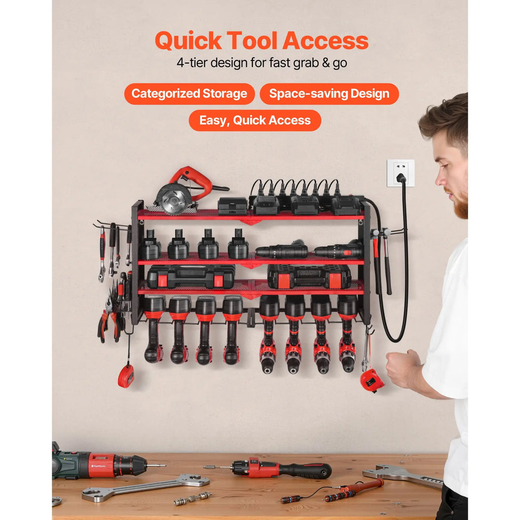 Power Tool Organizer Wall-Mounted Charging Station 4 Drill Holders 3 Layer Drill Storage Rack Garage Tool Storage Side Pegboard