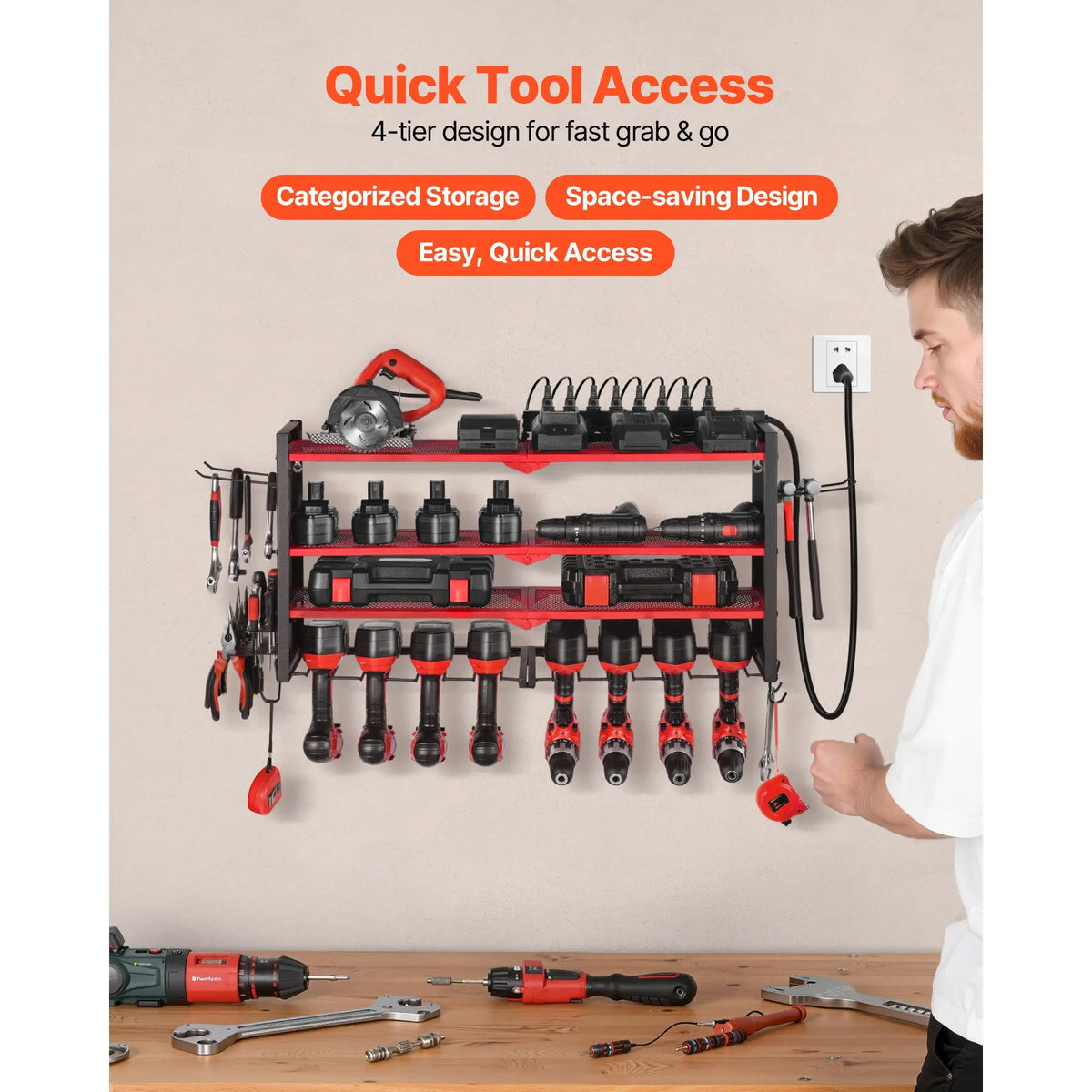 Power Tool Organizer Wall-Mounted Charging Station 4 Drill Holders 3 Layer Drill Storage Rack Garage Tool Storage Side Pegboard