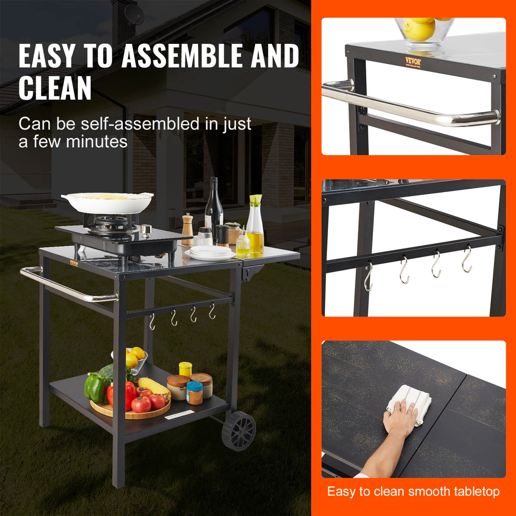 SucceBuy Mesa de carrinho de jantar com prateleira dupla Mesa de comida móvel para churrasco Suporte dobrável para forno de pizza Tampo de mesa de ferro/aço inoxidável