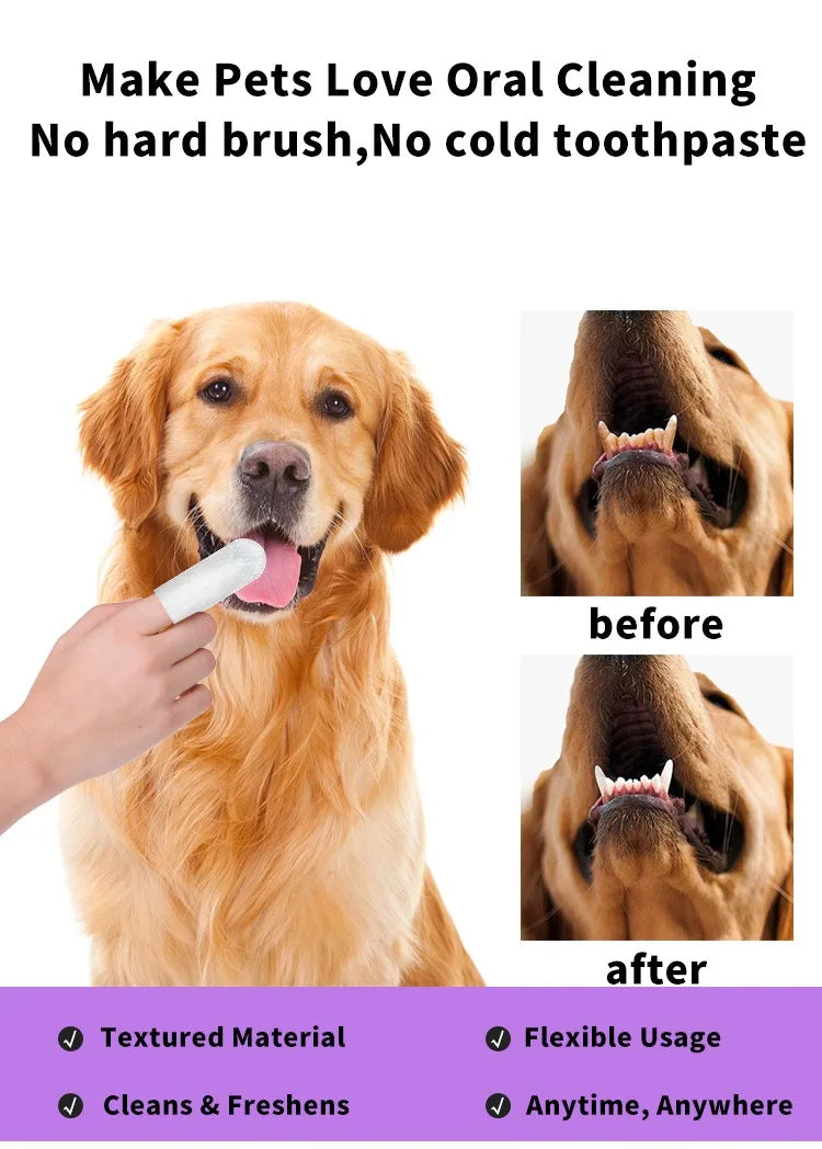 Produtos de Limpeza para Animais de Estimação: Escova de Dentes Descartável para Dedos, Coberturas para Limpeza de Dentes de Animais, Lenços Umedecidos para Limpeza Oral de Cães e Gatos