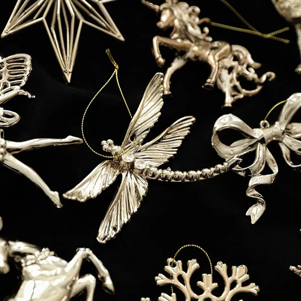 Ouro natal pendurado decoração de plástico borboleta libélula árvore de natal ornamento anjo floco de neve vitrine enfeites de natal