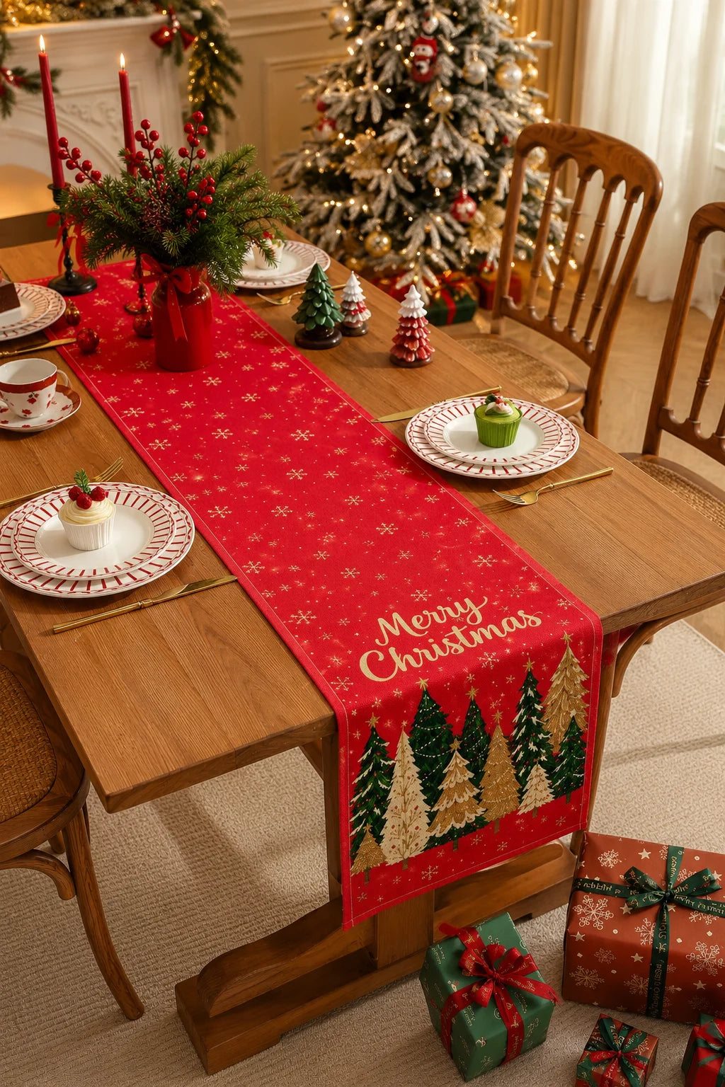 Caminho de Mesa com Tema de Árvore de Natal, Decoração Festiva de Mesa, Adequado para Festas de Natal de Inverno, Decoração de Casa para as Festas, Presente de Natal